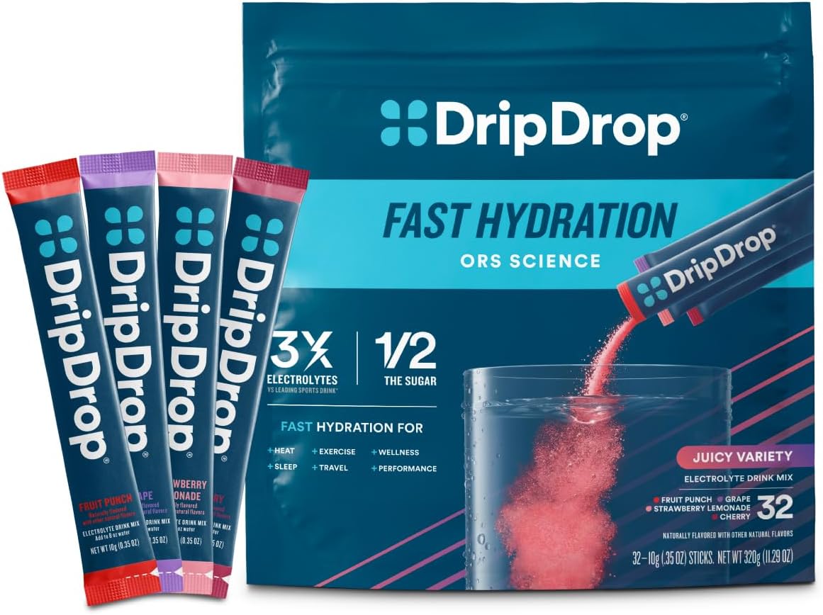 DripDrop electrolyte drink mix Juicy Variety Pack, 32 sticks