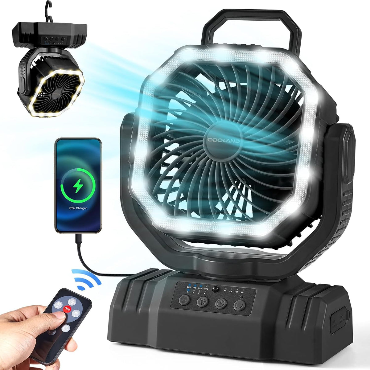 Odoland Rechargeable Camping Tent Fan with Light & Remote