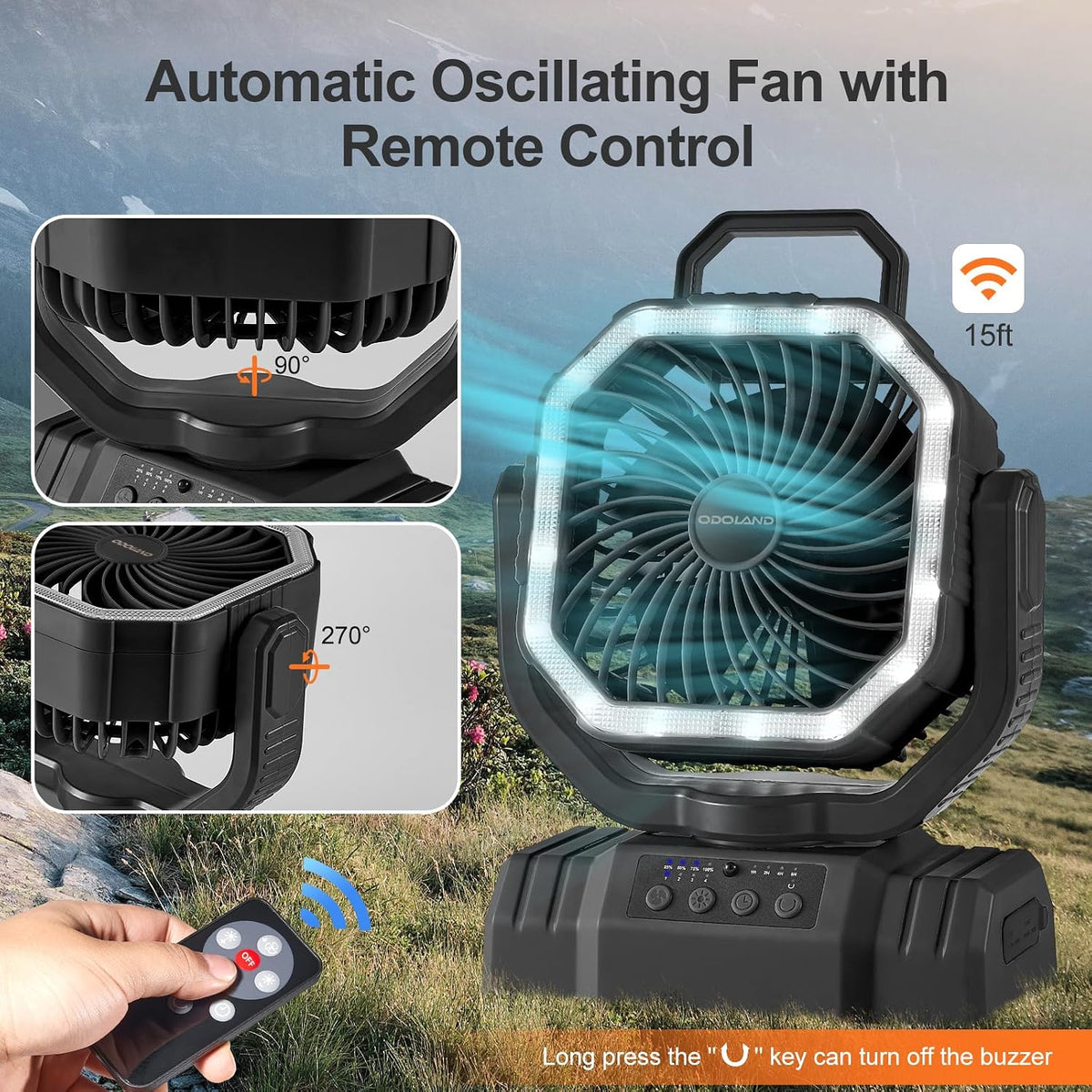 Odoland Rechargeable Camping Tent Fan with Light & Remote