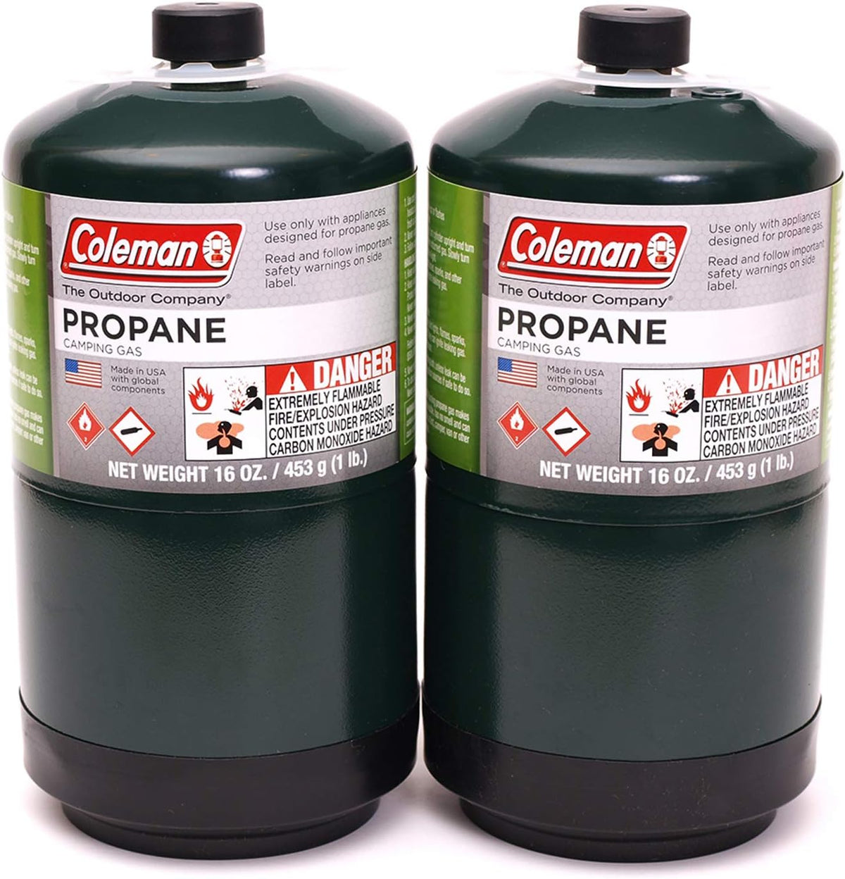 Two Coleman 16 oz green propane cylinders