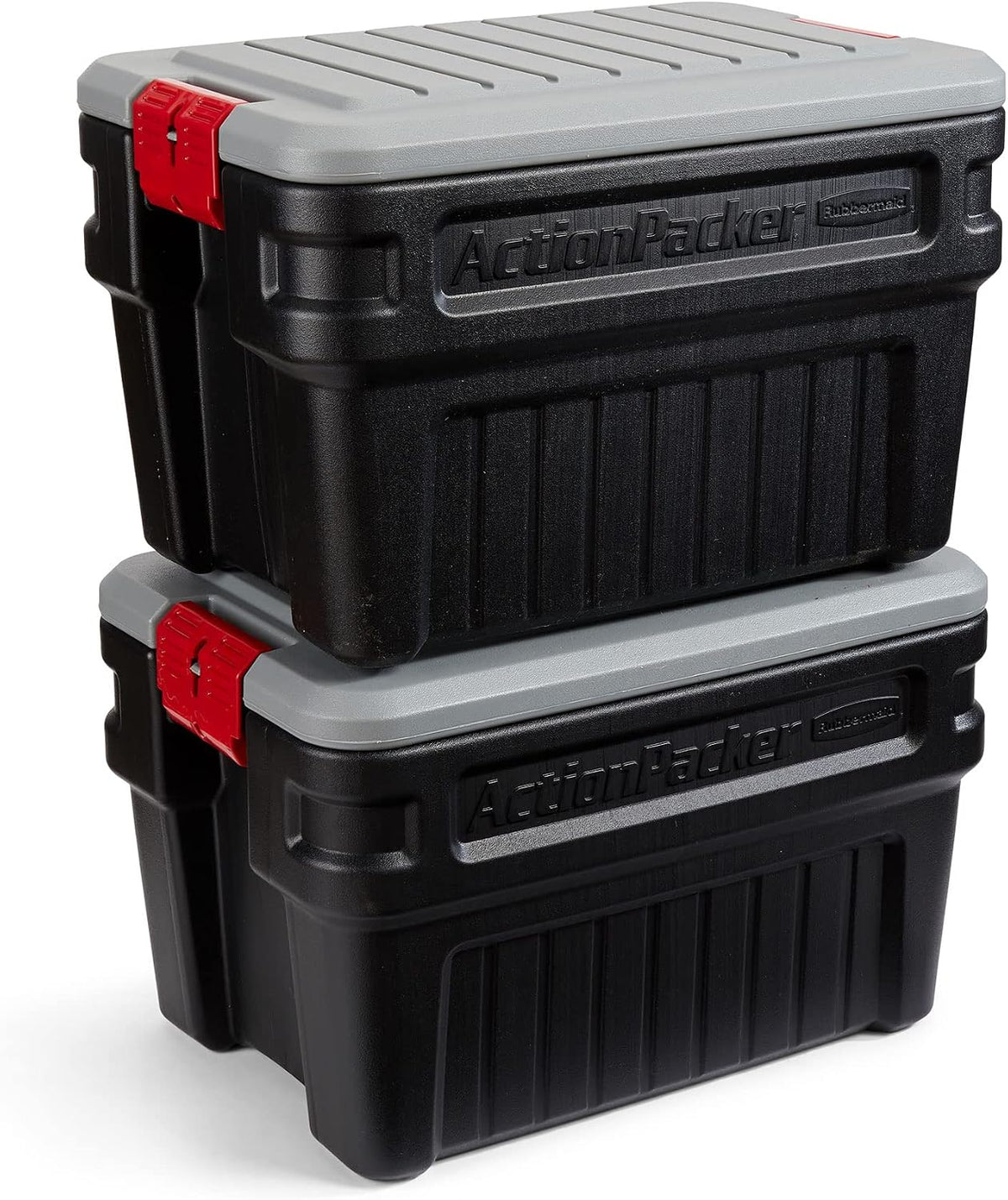 Two Rubbermaid ActionPacker 24 gallon lockable storage boxes