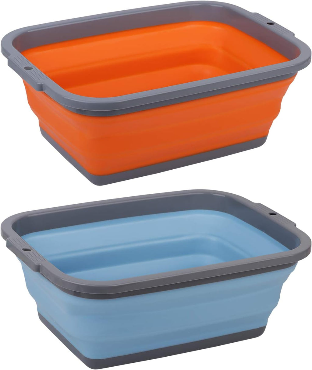 Two collapsible camp sink basins in orange and blue