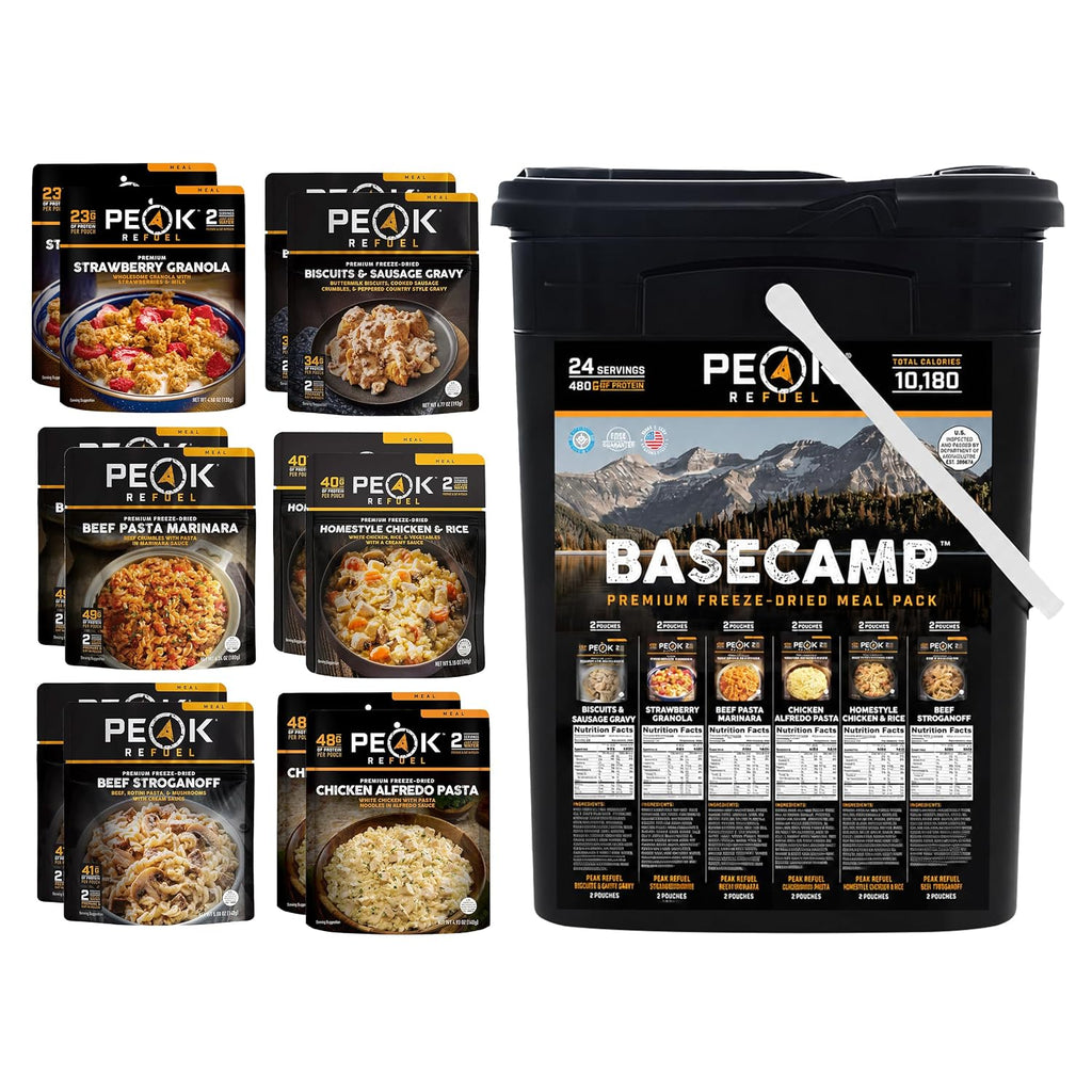 Peak Refuel Basecamp Bucket with freeze-dried meal pouches