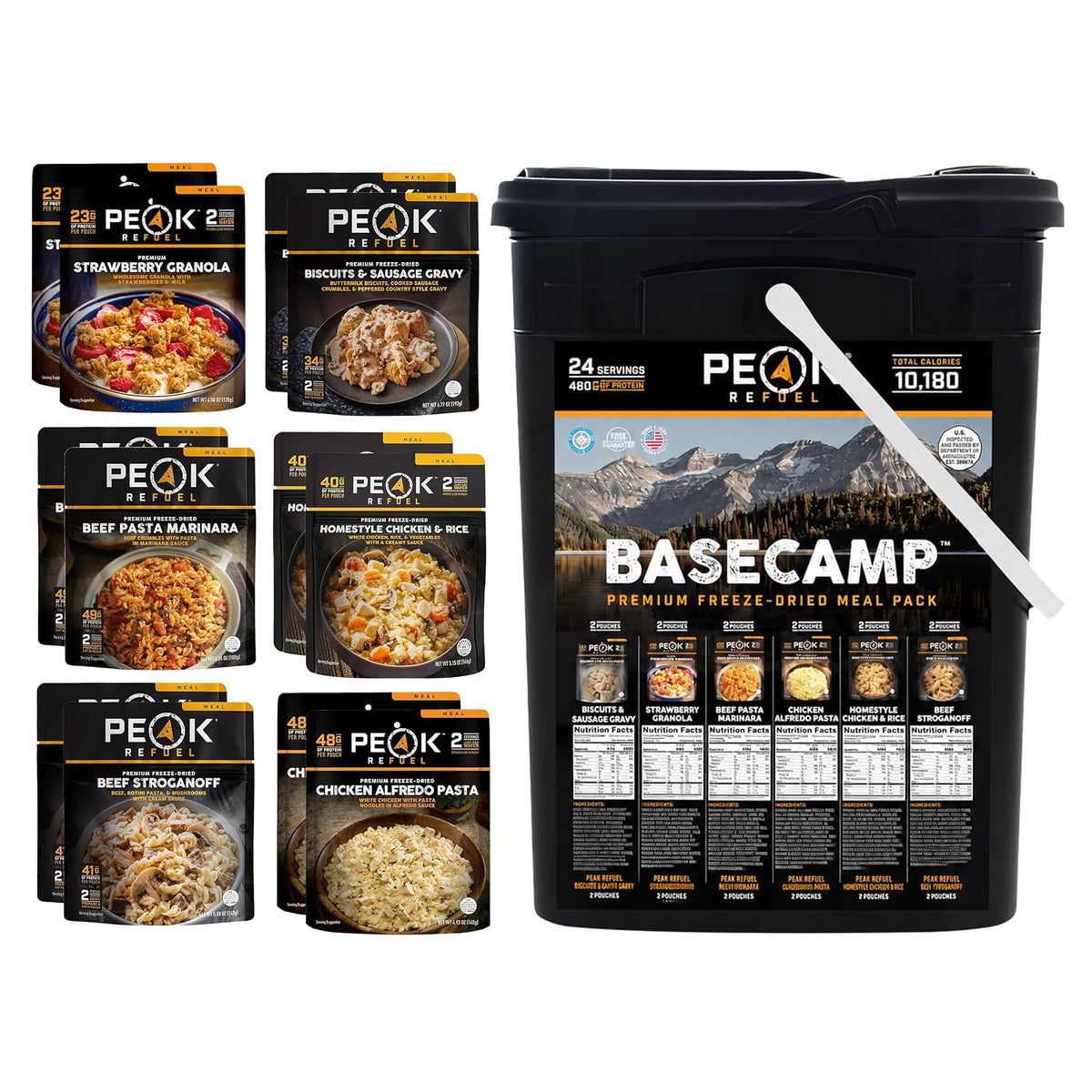 Peak Refuel Basecamp Bucket with freeze-dried meal pouches