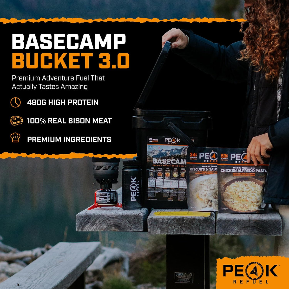 Peak Refuel Basecamp Bucket with freeze-dried meal pouches — photo 3