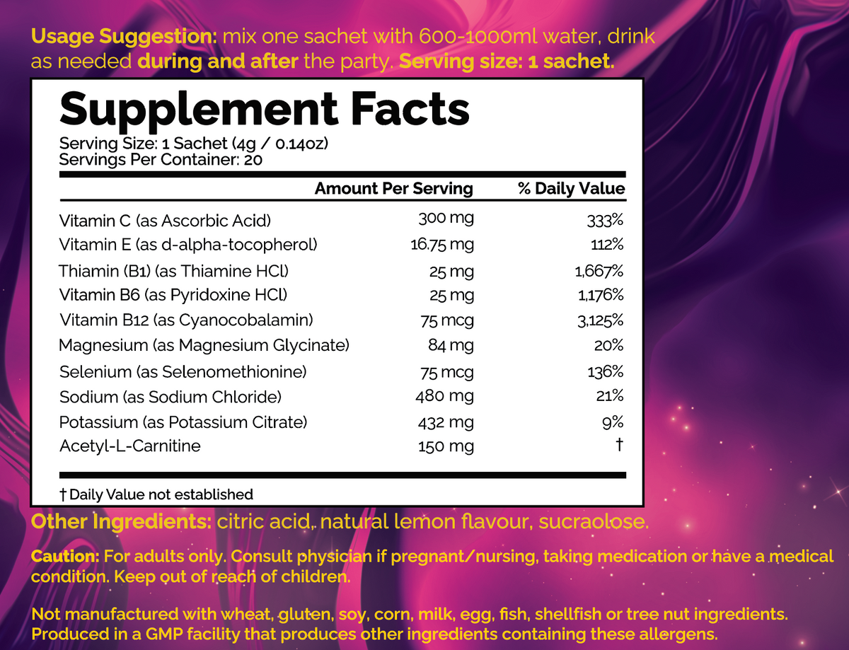 Soft Landings Dance Fuel Supplement Facts label: electrolytes, vitamins, 20 servings