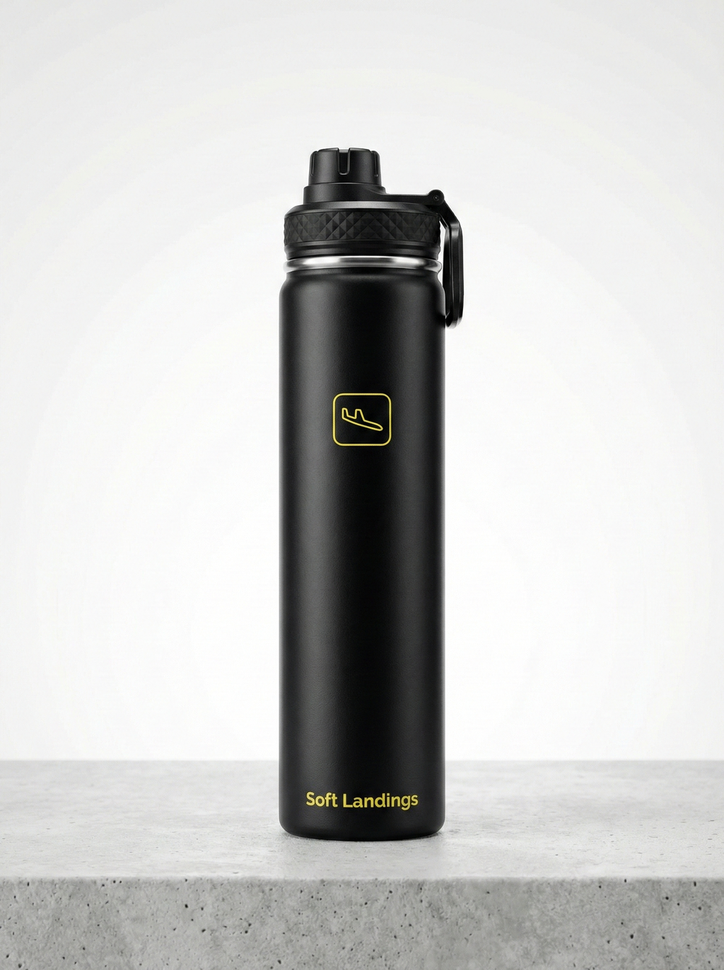 Soft Landings Festival Bottle, 700ml black double-wall insulated bottle with carry loop