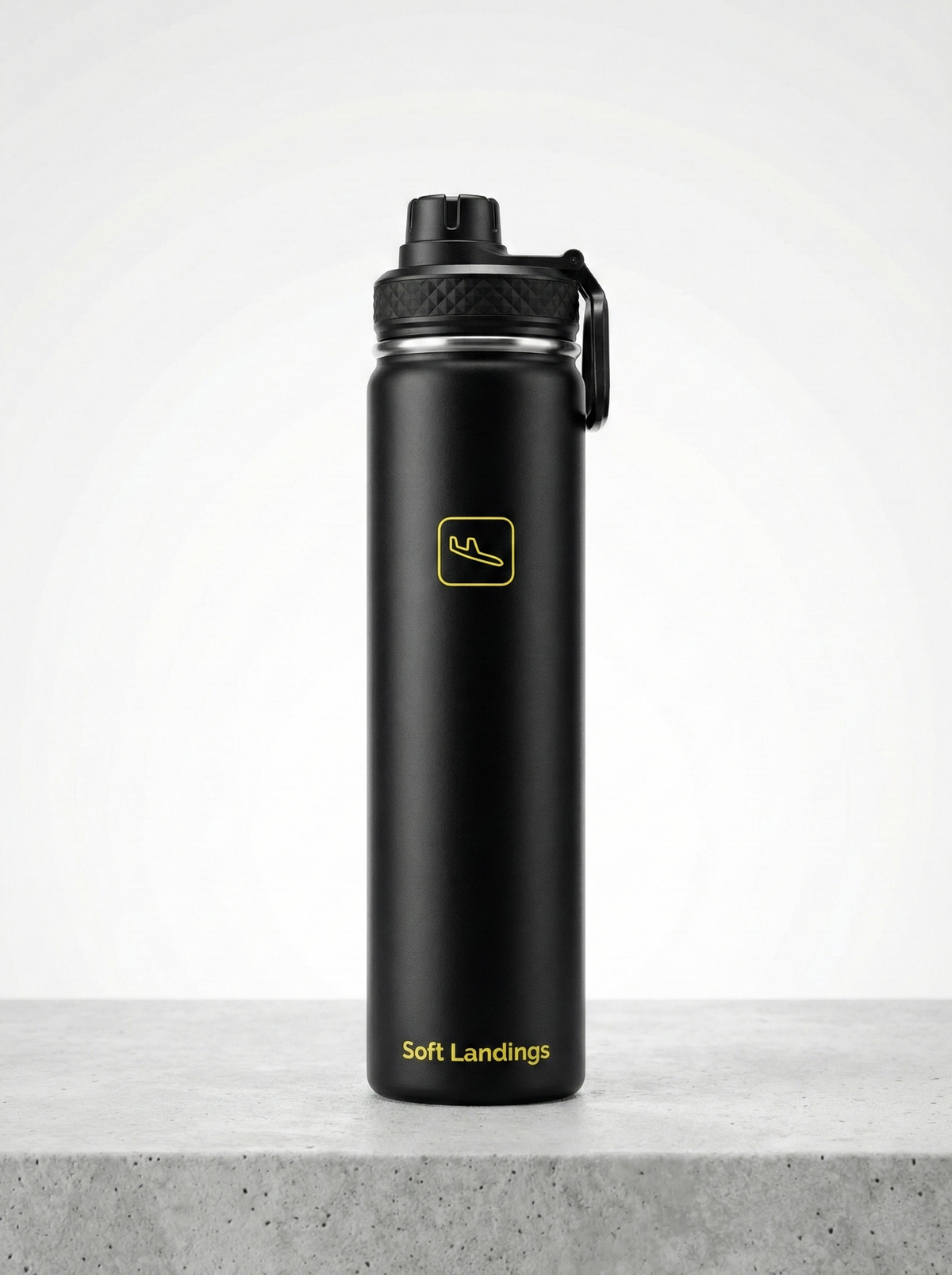 Soft Landings Festival Bottle, 700ml black double-wall insulated bottle with carry loop