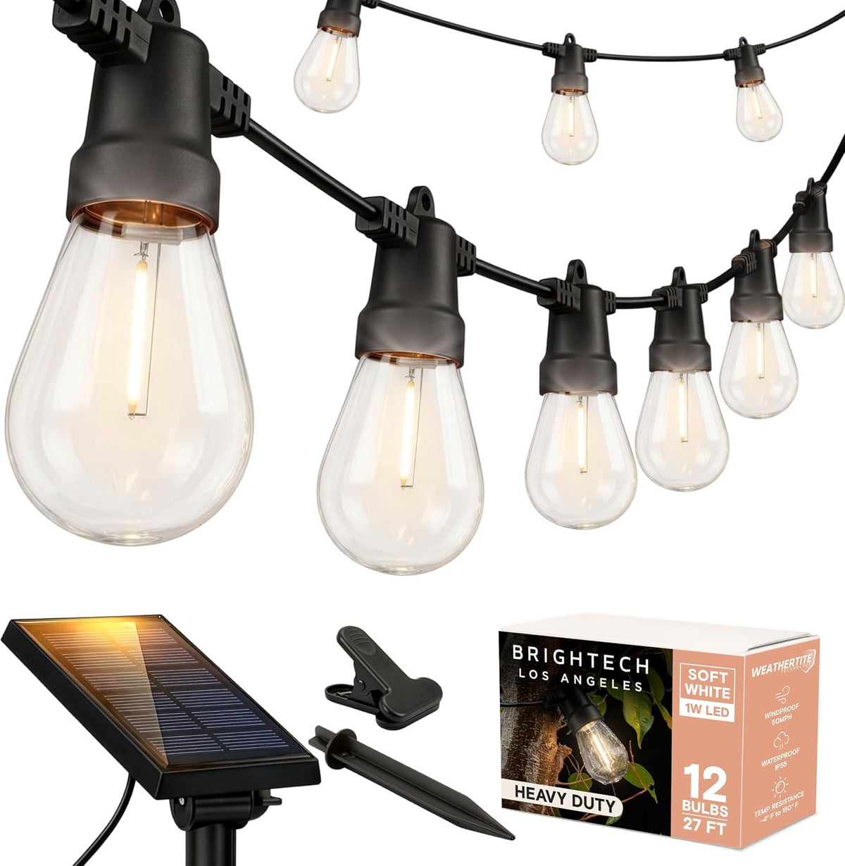 Brightech Ambience Pro solar powered outdoor Edison string lights 27 foot soft white