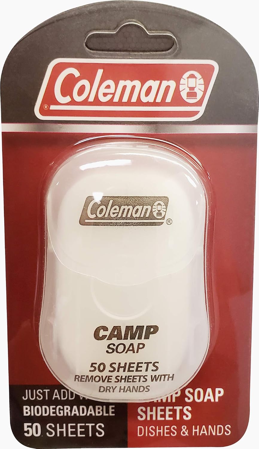 Coleman biodegradable camp soap sheets 50 count in compact flip-top travel case