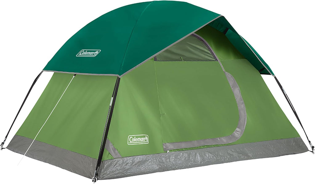 Coleman Sundome 2-person camping tent with rainfly set up at camp