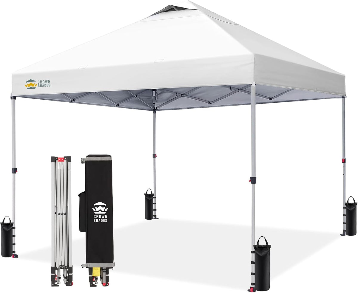 CROWN SHADES white 10x10 one-push CenterLok pop up canopy with STO-N-Go roller bag silver coated top