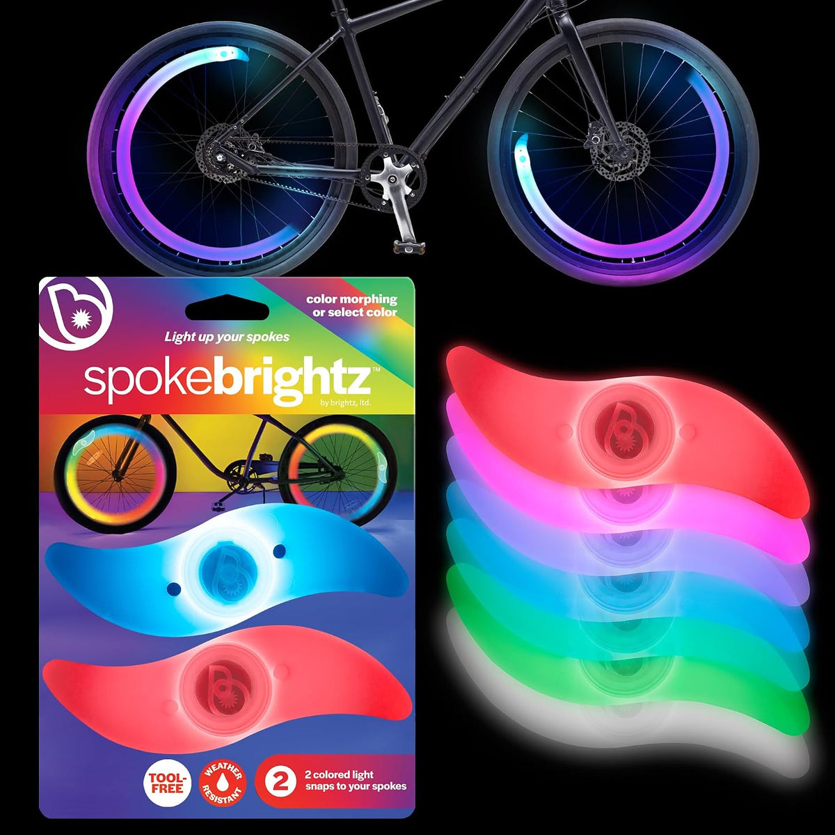 Brightz SpokeBrightz color-changing snap-on LED bike spoke lights two-pack