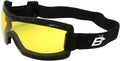Birdz Wren foam-padded motorcycle ski-style dust goggles with yellow amber lens for dusk and flat light