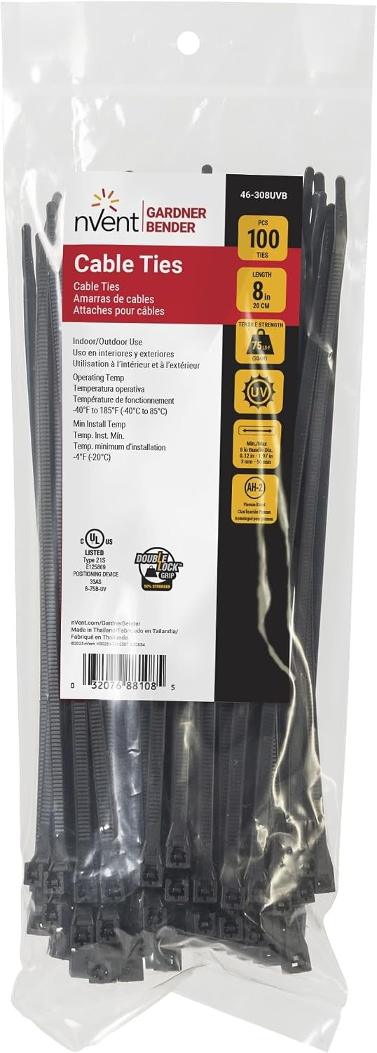 Gardner Bender 46-308UVB 8-inch UV black cable ties 100-pack product photo