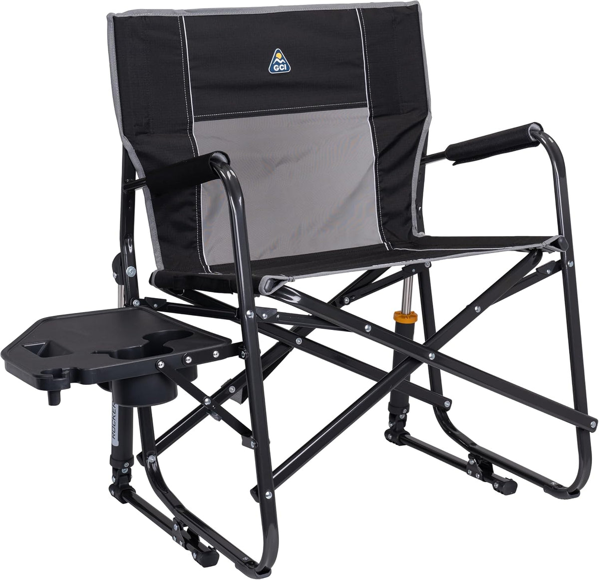 GCI Outdoor Freestyle Rocker XL portable folding rocking camp chair with side table drink holder