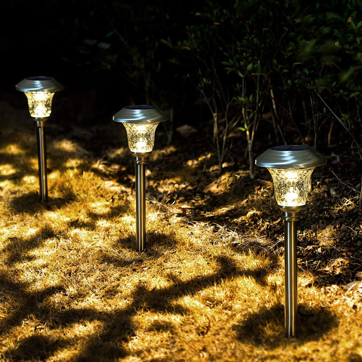 GIGALUMI stainless steel and glass warm white solar pathway stake lights eight-pack