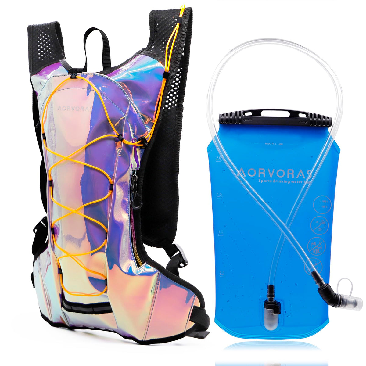 AORVORAS holographic LED luminous festival rave hydration backpack with 2L blue bladder