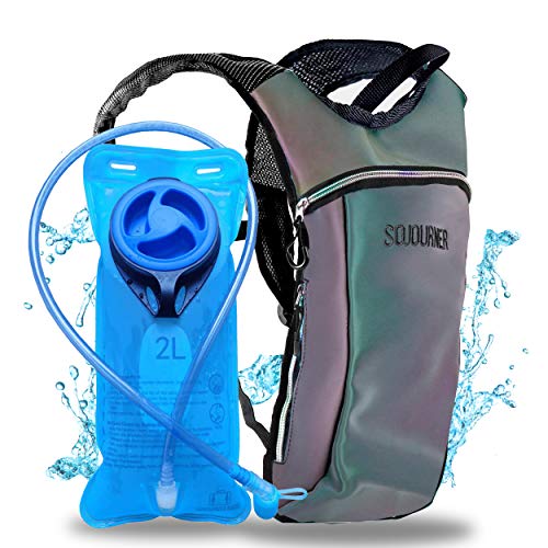 SoJourner holographic iridescent festival rave hydration backpack with 2L blue bladder
