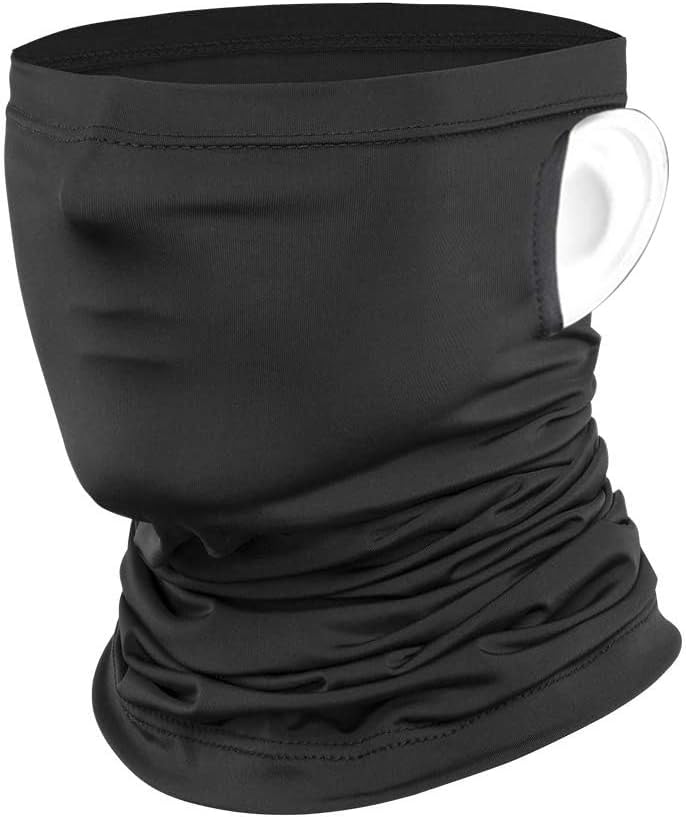 Solid black seamless fashion neck gaiter face cover with ear loops for festival dust and sun