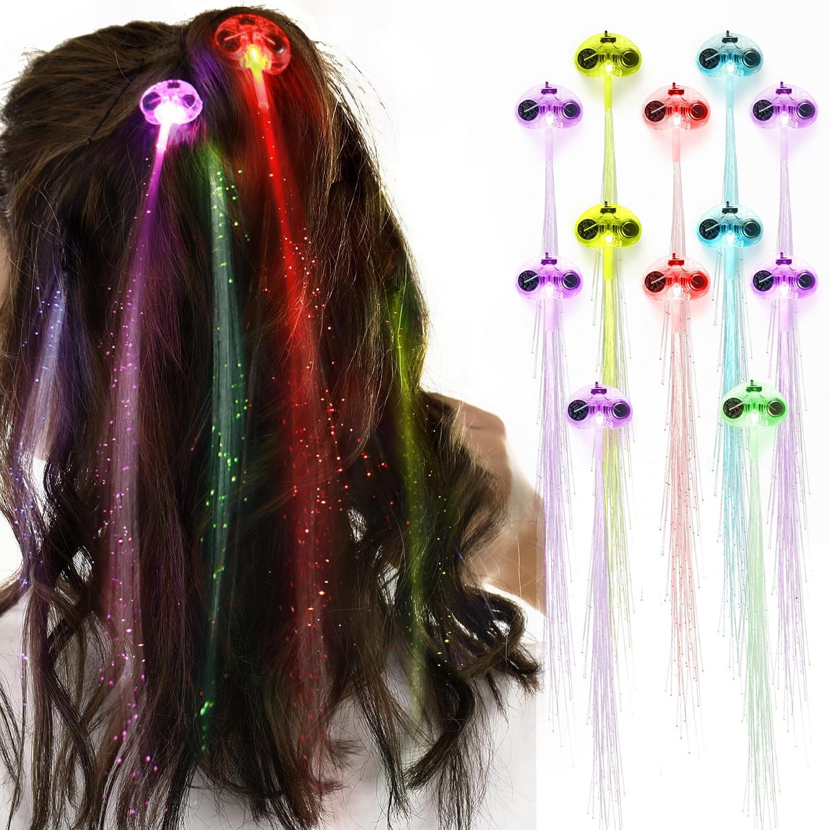 LED Fiber-Optic Hair Clip Extensions 12-Pack