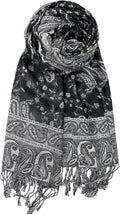 Achillea black and white reversible paisley pashmina shawl wrap with fringe for festival dust shade and night layer