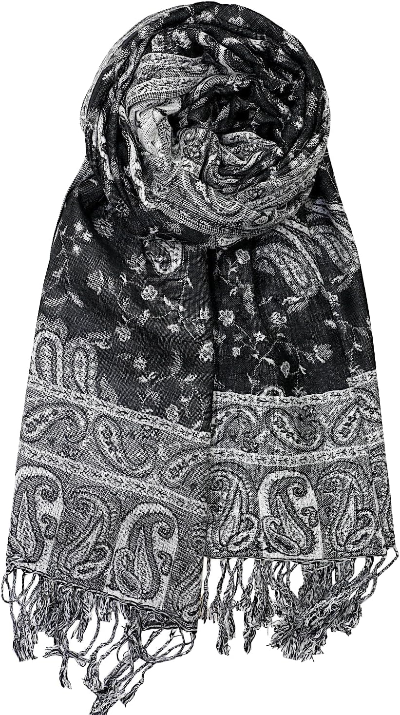Achillea black and white reversible paisley pashmina shawl wrap with fringe for festival dust shade and night layer