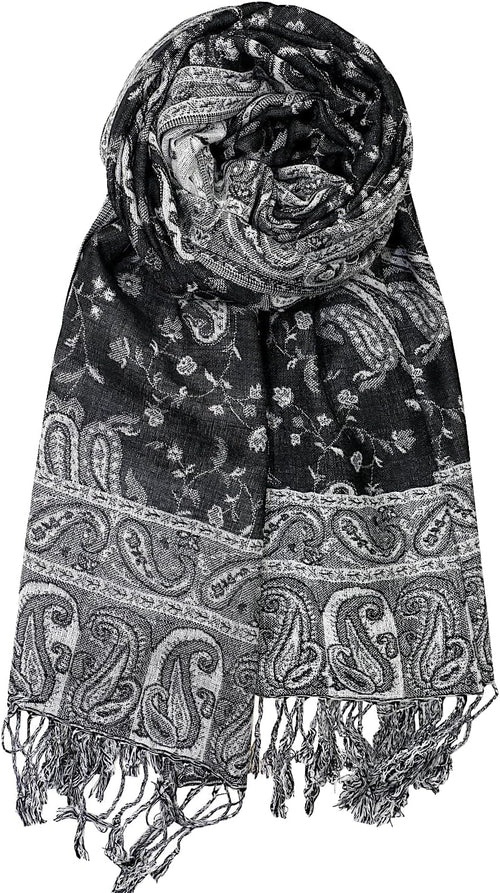 Achillea black and white reversible paisley pashmina shawl wrap with fringe for festival dust shade and night layer