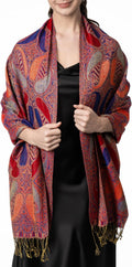 Achillea multicolor red blue gold paisley double-layered pashmina shawl wrap with fringe for festivals