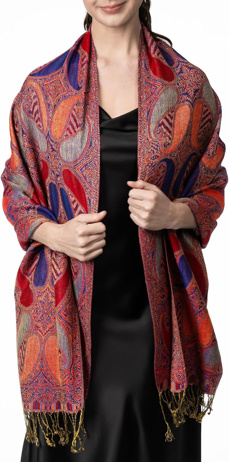 Achillea multicolor red blue gold paisley double-layered pashmina shawl wrap with fringe for festivals