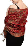 Achillea reversible red gold black paisley pashmina shawl wrap with fringe draped as festival shade and dust layer