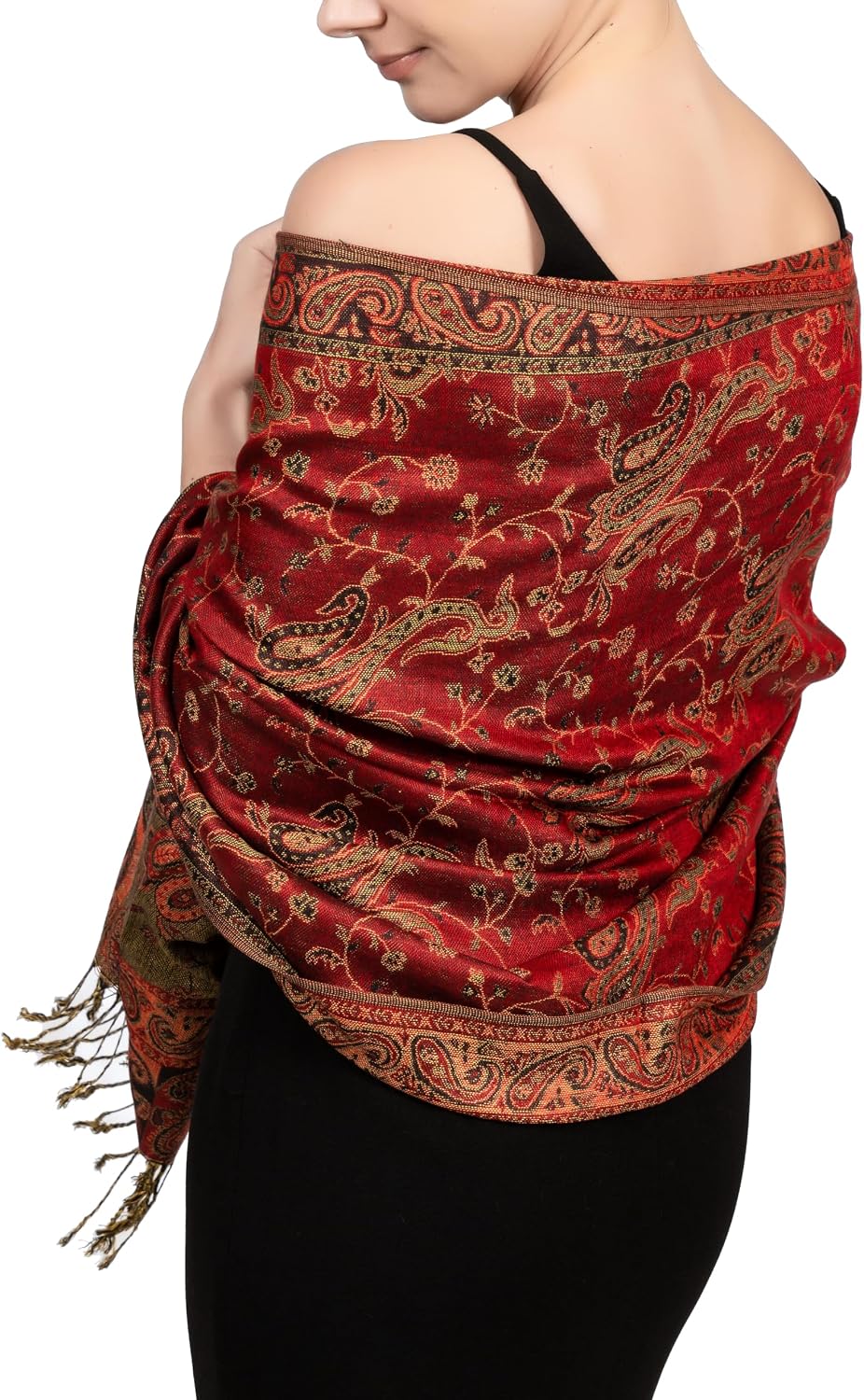 Achillea reversible red gold black paisley pashmina shawl wrap with fringe draped as festival shade and dust layer