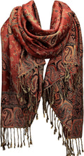 FURTALK reversible rust red black gold paisley pashmina festival shawl wrap with fringe tassels