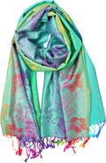 KMystic colorful gradient teal pink purple floral paisley rave pashmina scarf shawl wrap with multicolor fringe