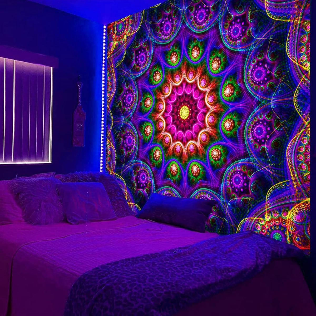 UV Blacklight Mandala Tapestry 80×60 — Night Camp Wall