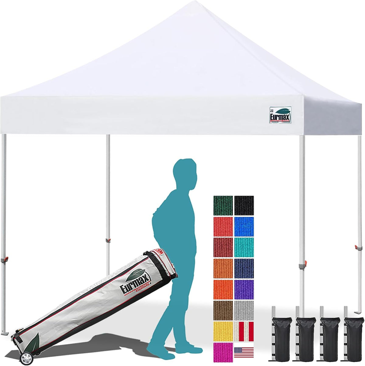 Eurmax USA white 10x10 commercial pop up canopy with L-shaped roller bag and sand weight bags