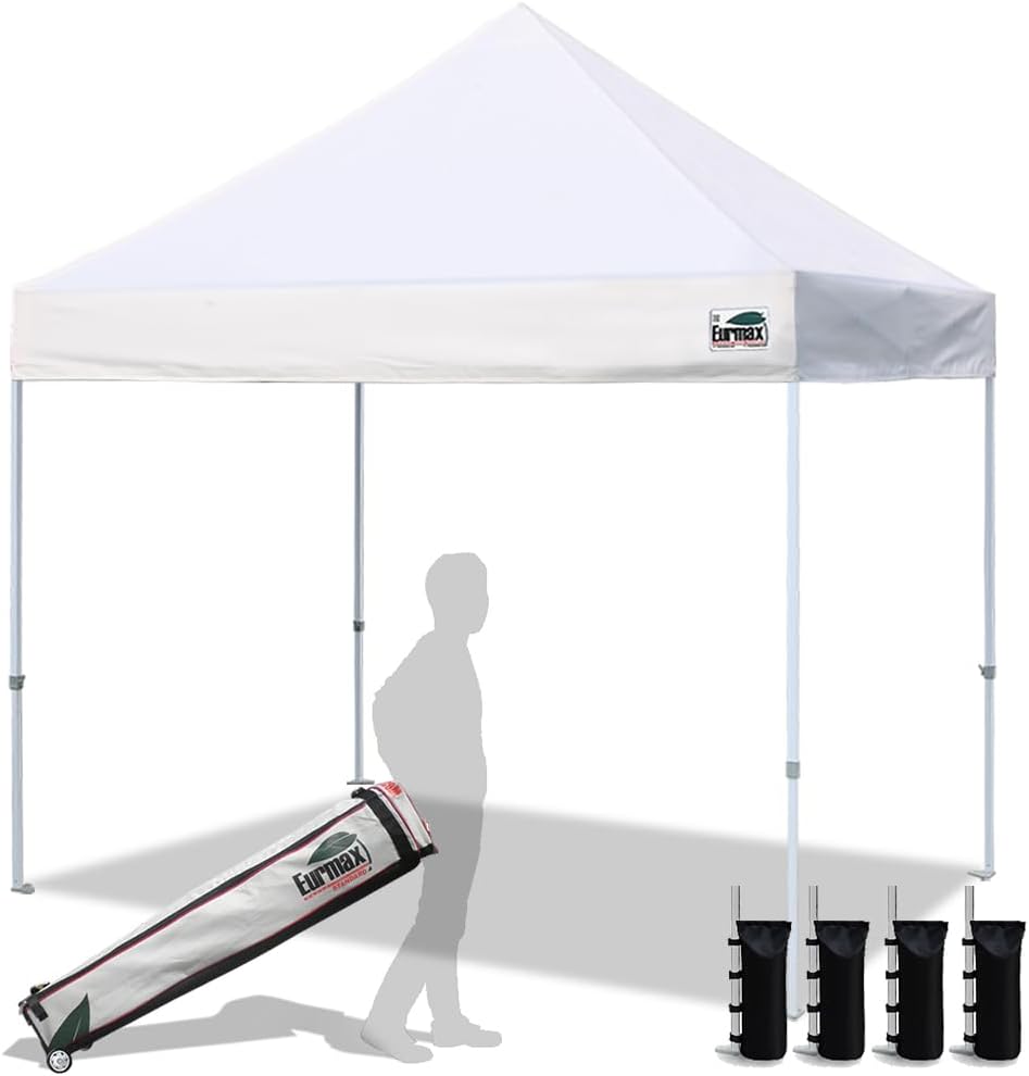 Eurmax USA white 8x8 commercial pop up canopy with roller bag and sandbags