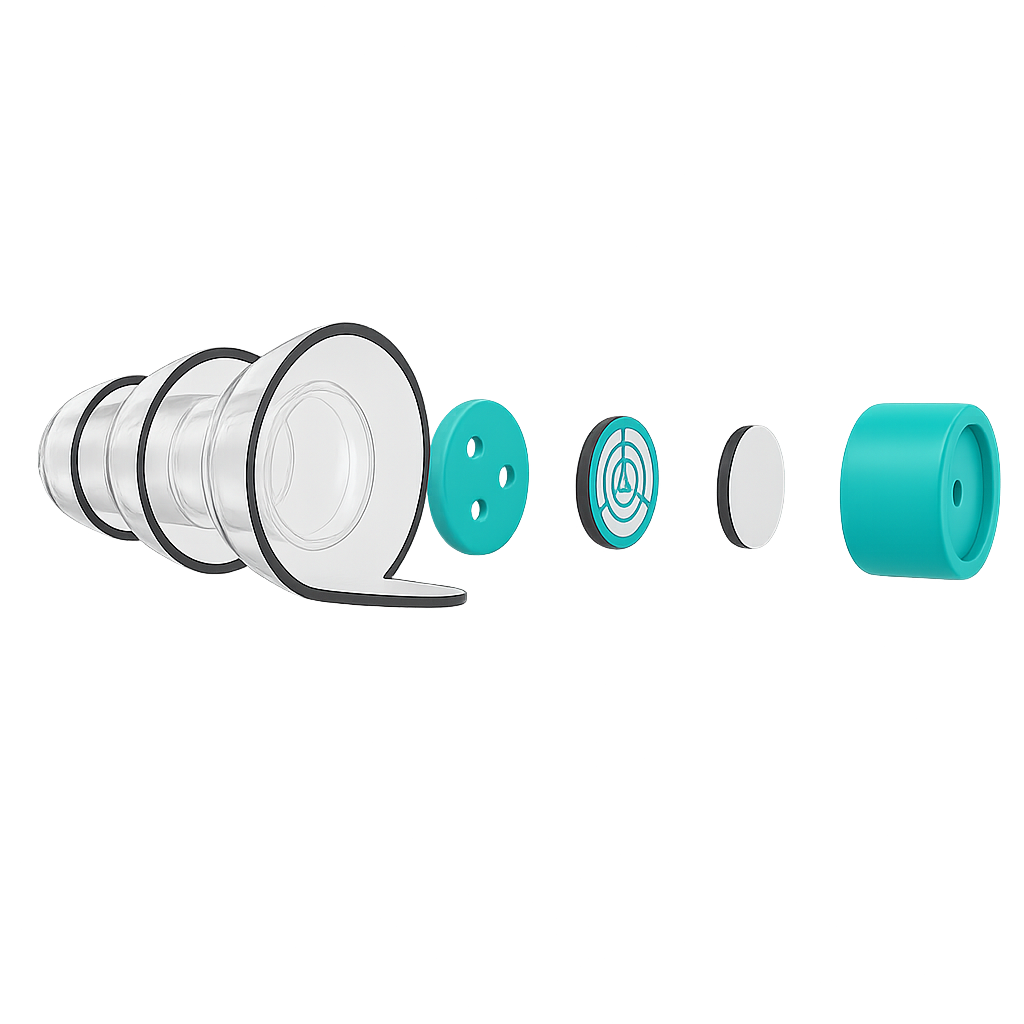 Exploded view of the Soft Landings SoundControl earplug shell and acoustic filter