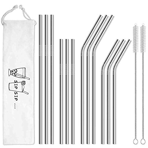 Hiware 12-pack reusable stainless steel drinking straws with carry pouch and cleaning brushes