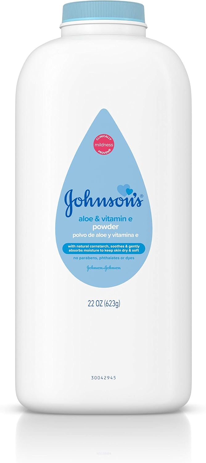 Johnsons baby powder with natural cornstarch aloe vitamin E 22 ounce blue white bottle