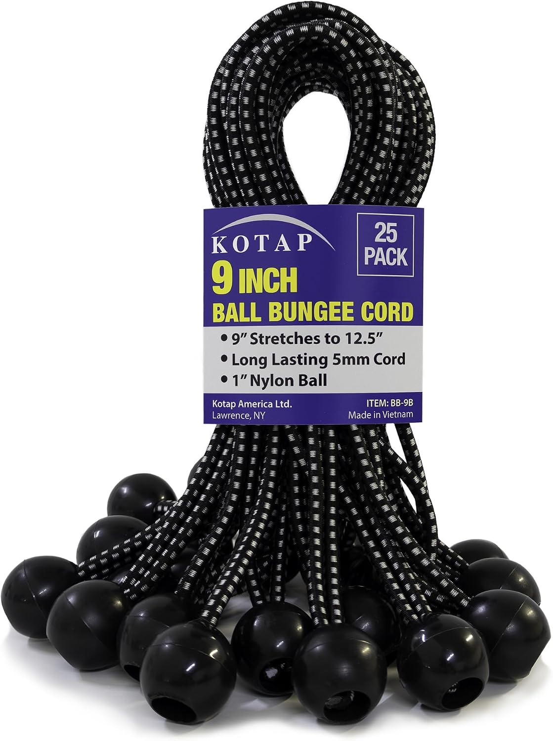 Kotap BB-9B 9 inch ball bungee cords 25 pack black nylon balls for tarp canopy