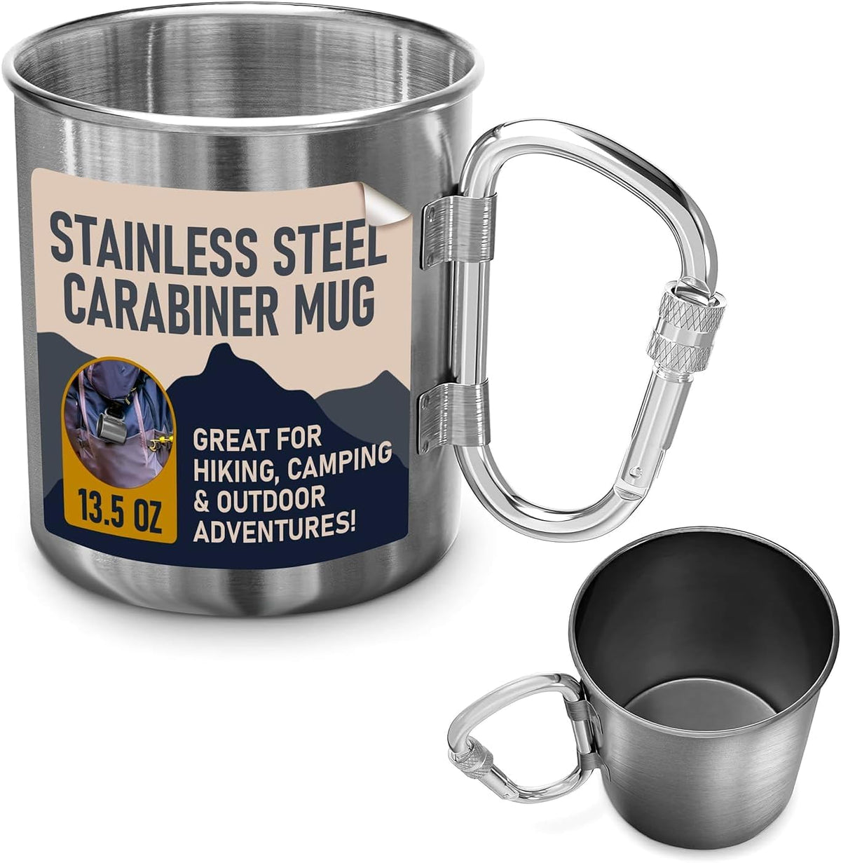 ZOKLU 13.5 oz stainless steel camping mug with carabiner handle