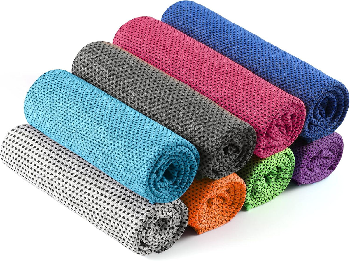 Multicolor instant cooling towels six pack neon pink green blue purple orange rolled mesh