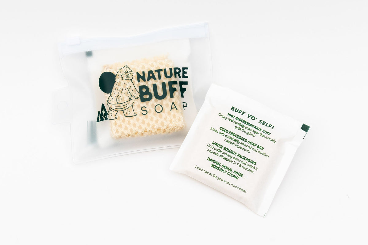 Nature Buff unscented biodegradable camp soap bar with reusable travel pouch