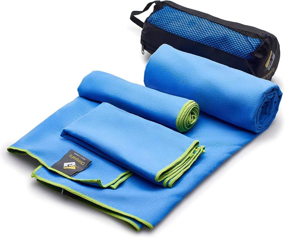 OlimpiaFit three-size quick-dry microfiber travel towel set with mesh carry bag