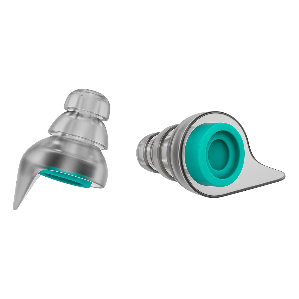 Soft Landings SoundControl acoustic earplugs, clear silicone shells with teal acoustic filters