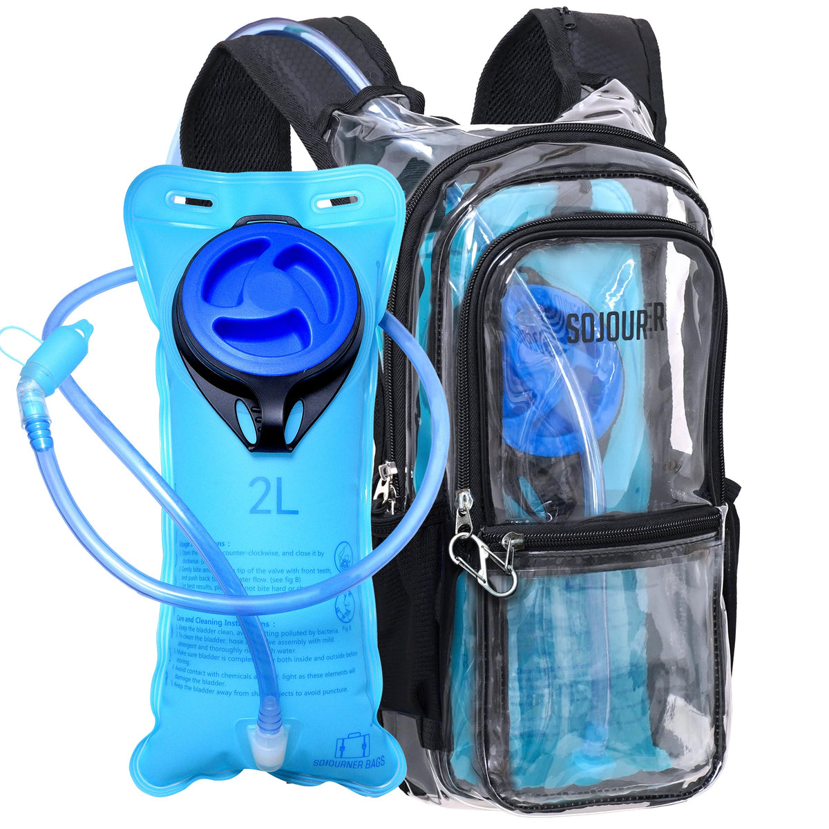 SoJourner clear transparent hydration backpack with 2 liter bladder and zip pockets