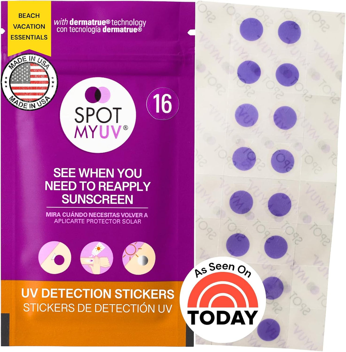 SpotMyUV sunscreen UV detection stickers 16 count purple SPF indicator dots