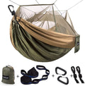 Sunyear olive tan camping hammock with integrated mosquito bug net tree straps carabiners stuff sack