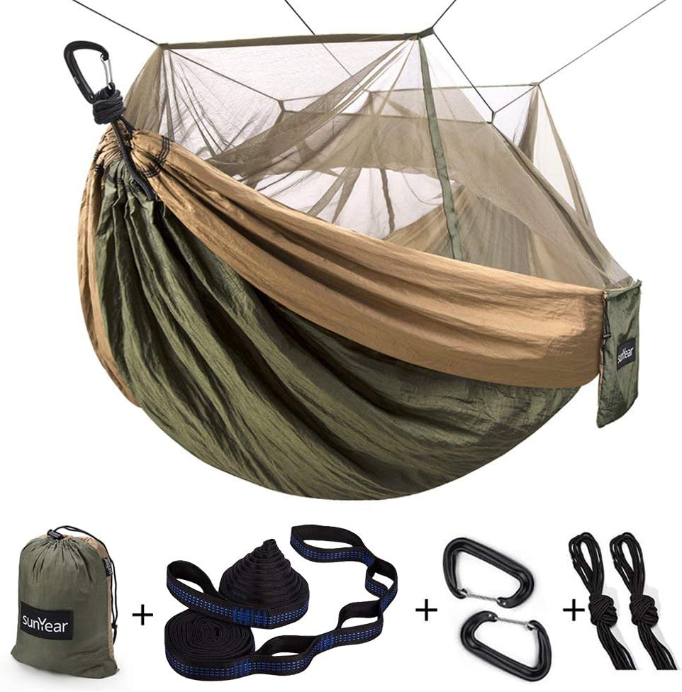 Sunyear olive tan camping hammock with integrated mosquito bug net tree straps carabiners stuff sack